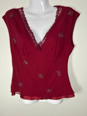 Y2K Vintage babydoll sleeveless red women’s blouse beaded lace size L valentine